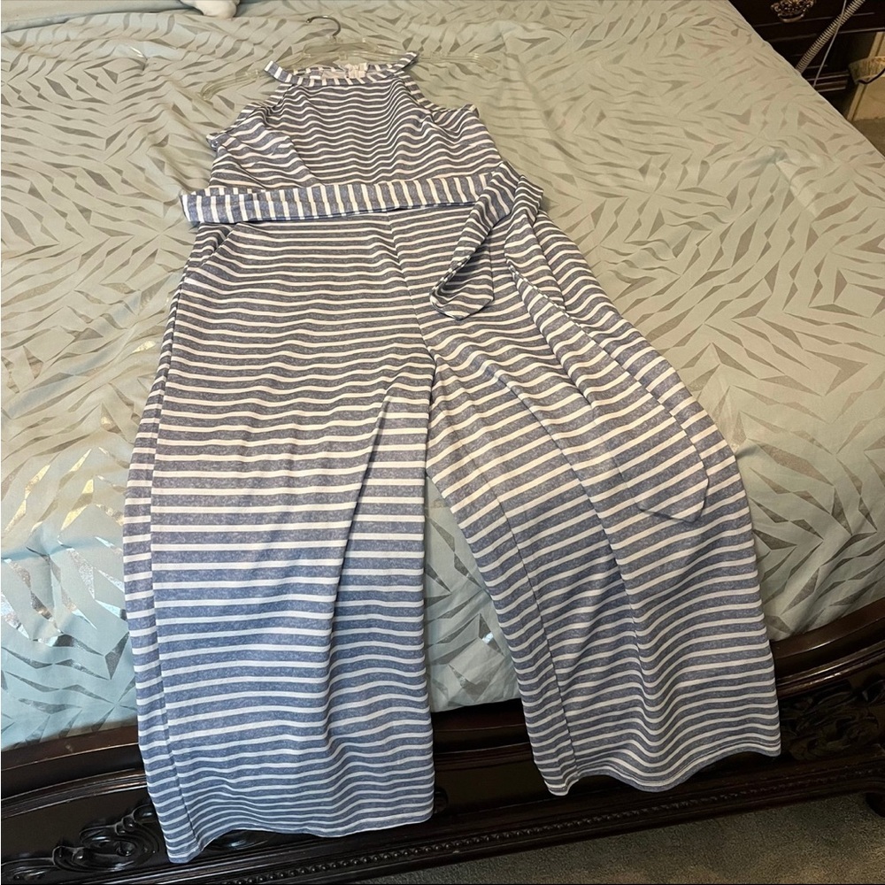 Sleeveless Blue and White Striped Jumpsuit - Picture 2 of 4